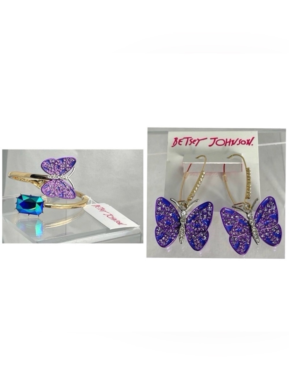 BETSEY JOHNSON SET Purple Butterfly & Crystal Hinged Bracelet & Earrings NEW NWT
